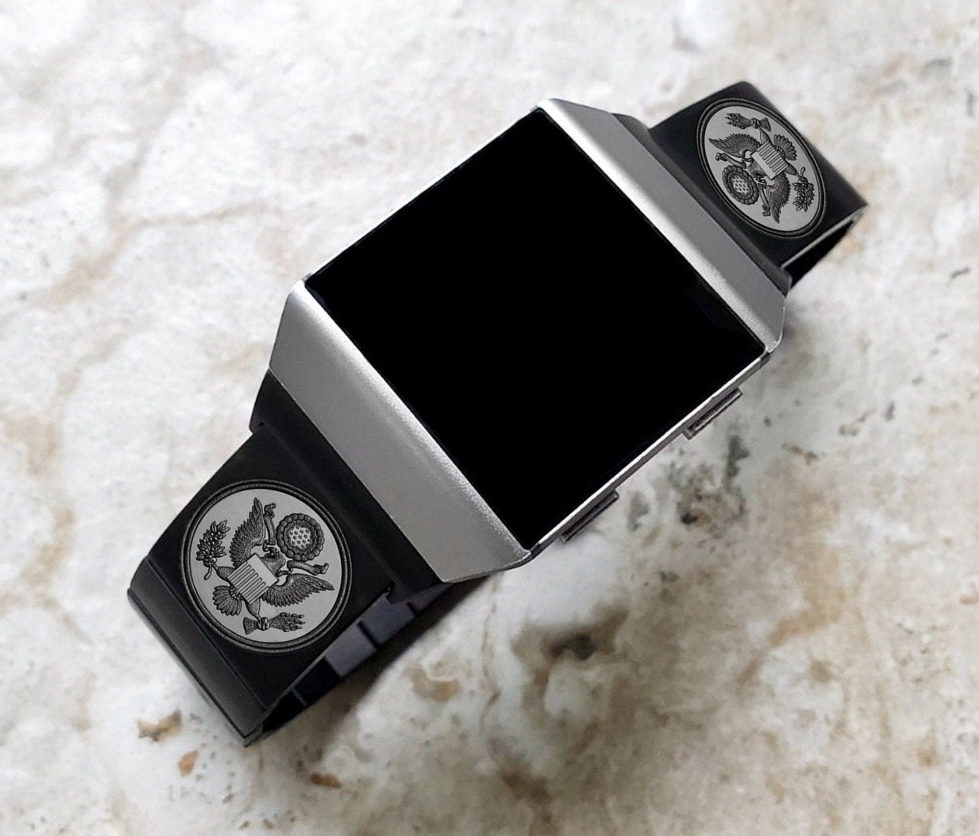 Engraved Watch Band Compatible with Fitbit Ionic Smartwatches Black Color Stainless Steel Strap Bracelet with Quick Release Adapters AS1